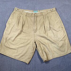 Vintage Baxter Mens Linen-Cotton Pleated Khaki Shorts Adjustable Waist Size 38